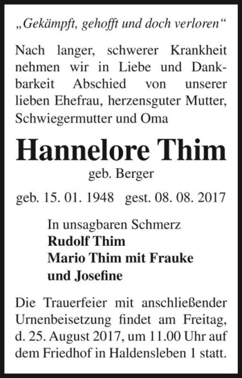 Traueranzeige von Hannelore Thim (geb. Berger)  von Magdeburger Volksstimme