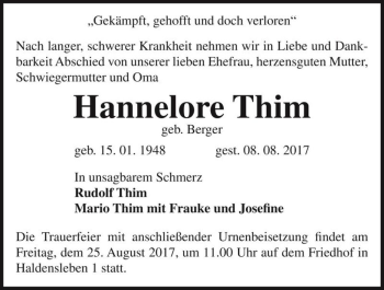 Traueranzeige von Hannelore Thim (geb. Berger)  von Magdeburger Volksstimme