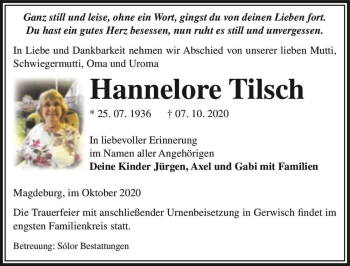 Traueranzeige von Hannelore Tilsch  von Magdeburger Volksstimme