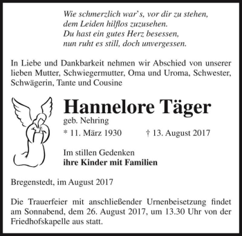 Traueranzeige von Hannelore Täger (geb. Nehring)  von Magdeburger Volksstimme