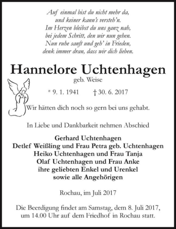 Traueranzeige von Hannelore Uchtenhagen (geb. Weise)  von Magdeburger Volksstimme