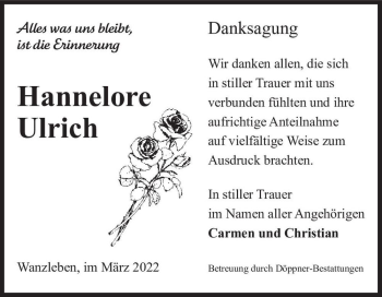Traueranzeige von Hannelore Ulrich  von Magdeburger Volksstimme