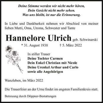 Traueranzeige von Hannelore Ulrich (geb. Schwinarski)  von Magdeburger Volksstimme