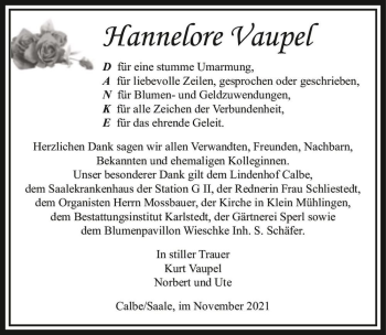 Traueranzeige von Hannelore Vaupel  von Magdeburger Volksstimme