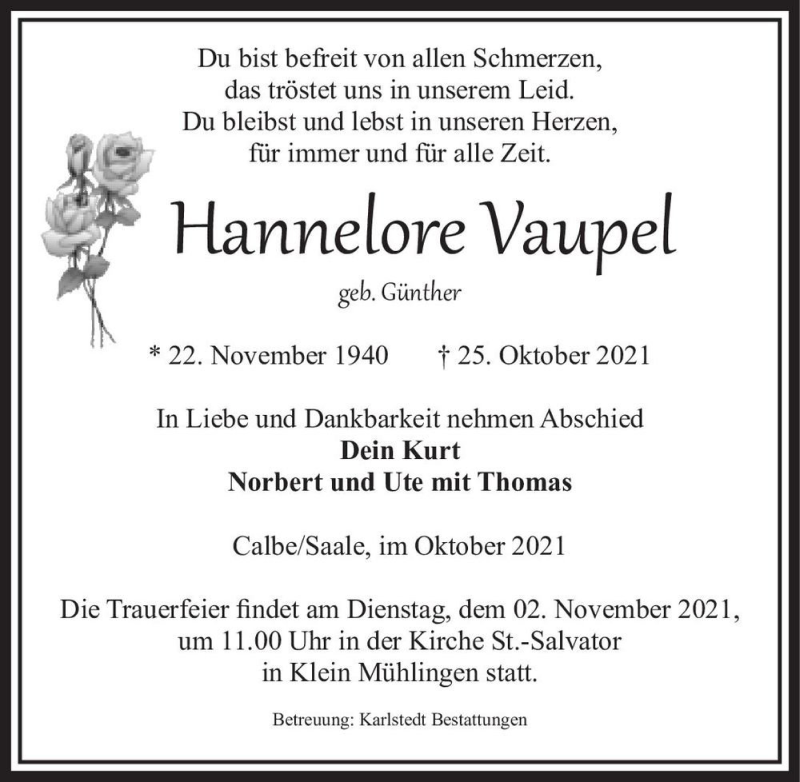  Traueranzeige für Hannelore Vaupel (geb. Günther)  vom 30.10.2021 aus Magdeburger Volksstimme