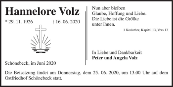 Traueranzeige von Hannelore Volz  von Magdeburger Volksstimme