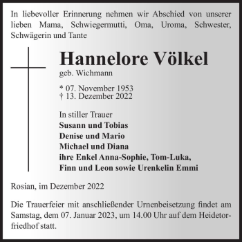 Traueranzeige von Hannelore Völkel (geb. Wichmann)  von Magdeburger Volksstimme