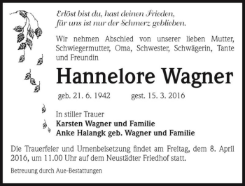Traueranzeige von Hannelore Wagner  von Magdeburger Volksstimme