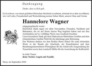 Traueranzeige von Hannelore Wagner  von Magdeburger Volksstimme