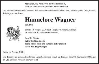 Traueranzeige von Hannelore Wagner (geb. Pisk)  von Magdeburger Volksstimme