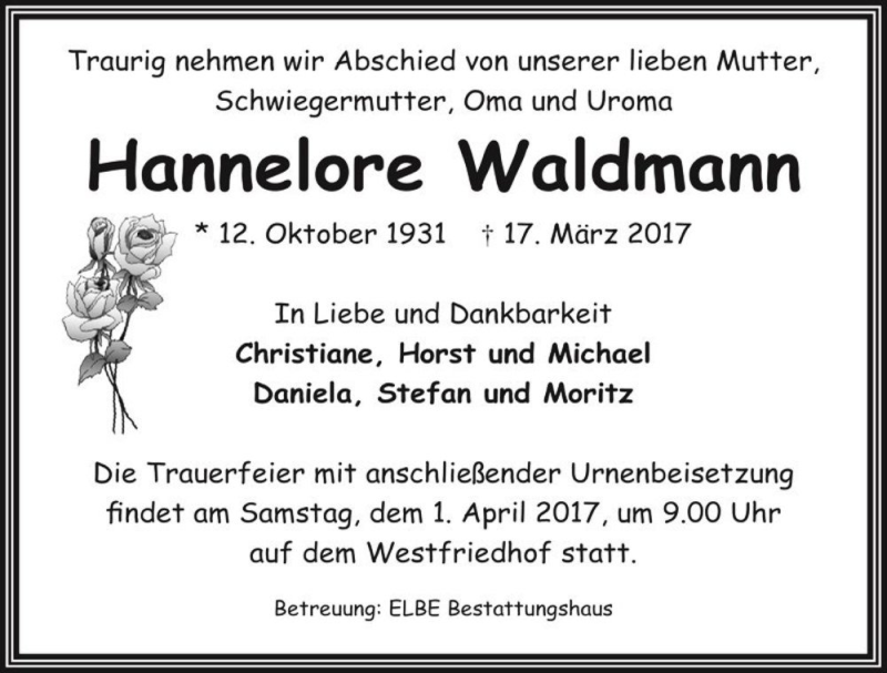  Traueranzeige für Hannelore Waldmann  vom 25.03.2017 aus Magdeburger Volksstimme