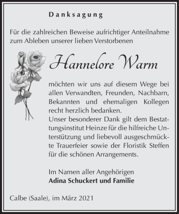Traueranzeige von Hannelore Warm  von Magdeburger Volksstimme