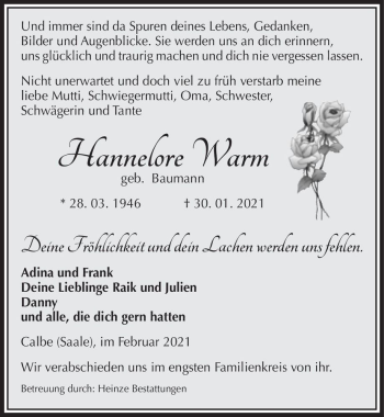 Traueranzeige von Hannelore Warm (geb. Baumann)  von Magdeburger Volksstimme