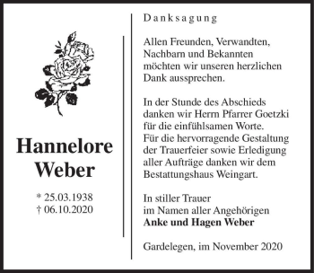Traueranzeige von Hannelore Weber  von Magdeburger Volksstimme