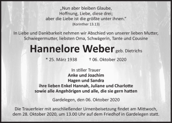 Traueranzeige von Hannelore Weber (geb. Dietrichs)  von Magdeburger Volksstimme