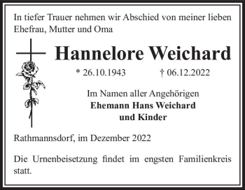Traueranzeige von Hannelore Weichard  von Magdeburger Volksstimme