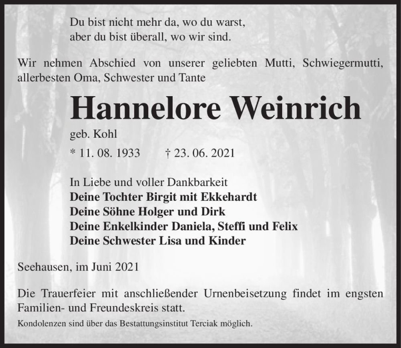  Traueranzeige für Hannelore Weinrich (geb. Kohl)  vom 26.06.2021 aus Magdeburger Volksstimme