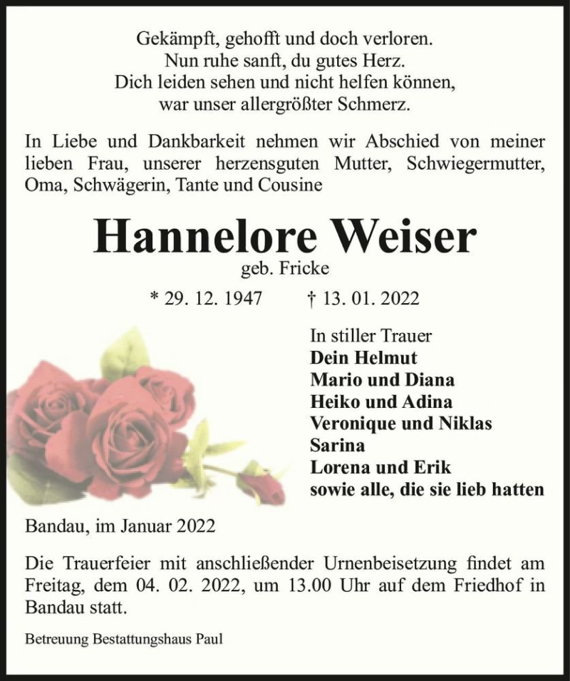  Traueranzeige für Hannelore Weiser (geb. Fricke)  vom 19.01.2022 aus Magdeburger Volksstimme