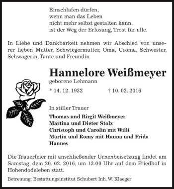 Traueranzeige von Hannelore Weißmeyer (geb. Lehmann)  von Magdeburger Volksstimme