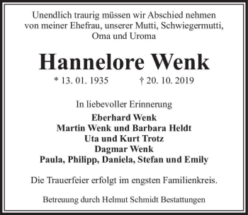 Traueranzeige von Hannelore Wenk  von Magdeburger Volksstimme