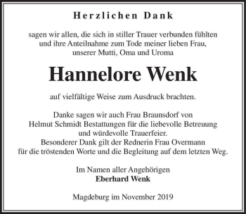 Traueranzeige von Hannelore Wenk  von Magdeburger Volksstimme