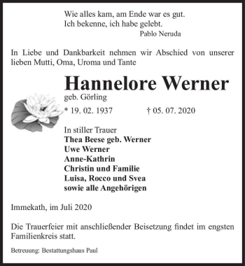 Traueranzeige von Hannelore Werner (geb. Görling)  von Magdeburger Volksstimme