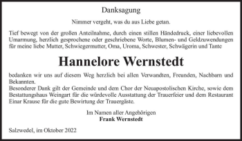 Traueranzeige von Hannelore Wernstedt  von Magdeburger Volksstimme