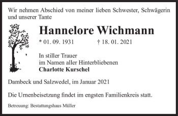Traueranzeige von Hannelore Wichmann  von Magdeburger Volksstimme