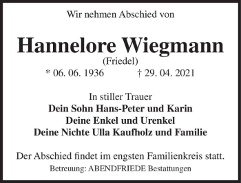 Traueranzeige von Hannelore Wiegmann (Friedel)  von Magdeburger Volksstimme