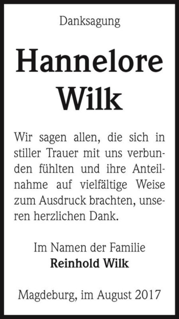 Traueranzeige von Hannelore Wilk  von Magdeburger Volksstimme
