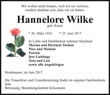 Traueranzeige von Hannelore Wilke (geb. Kruse)  von Magdeburger Volksstimme