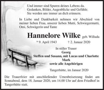 Traueranzeige von Hannelore Wilke (geb. Willuda)  von Magdeburger Volksstimme