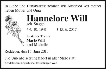 Traueranzeige von Hannelore Will (geb. Stagge)  von Magdeburger Volksstimme
