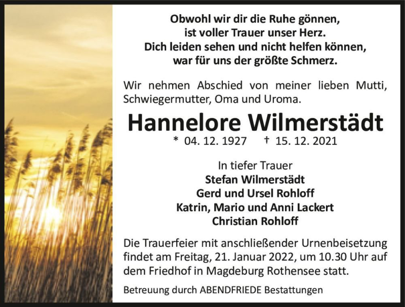  Traueranzeige für Hannelore Wilmerstädt  vom 08.01.2022 aus Magdeburger Volksstimme