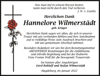 Traueranzeige von Hannelore Wilmerstädt (geb. Krüger)  von Magdeburger Volksstimme