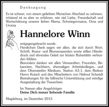 Traueranzeige von Hannelore Winn  von Magdeburger Volksstimme