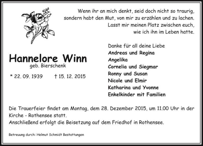  Traueranzeige für Hannelore Winn (geb. Bierschenk)  vom 19.12.2015 aus Magdeburger Volksstimme