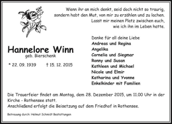 Traueranzeige von Hannelore Winn (geb. Bierschenk)  von Magdeburger Volksstimme