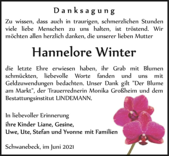 Traueranzeige von Hannelore Winter  von Magdeburger Volksstimme