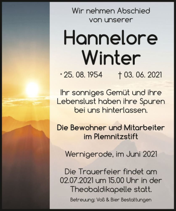Traueranzeige von Hannelore Winter  von Magdeburger Volksstimme