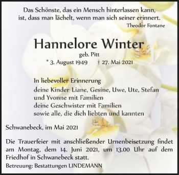 Traueranzeige von Hannelore Winter (geb. Pitt)  von Magdeburger Volksstimme