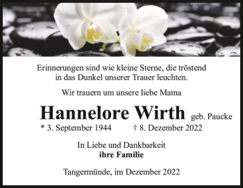 Traueranzeige von Hannelore Wirth (geb. Paucke)  von Magdeburger Volksstimme