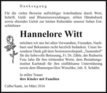 Traueranzeige von Hannelore Witt  von Magdeburger Volksstimme