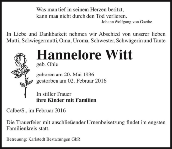 Traueranzeige von Hannelore Witt (geb. Ohle)  von Magdeburger Volksstimme