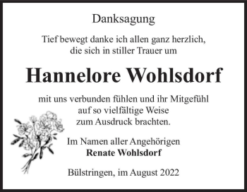 Traueranzeige von Hannelore Wohlsdorf  von Magdeburger Volksstimme