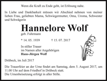 Traueranzeige von Hannelore Wolf (geb. Fuhrmann)  von Magdeburger Volksstimme