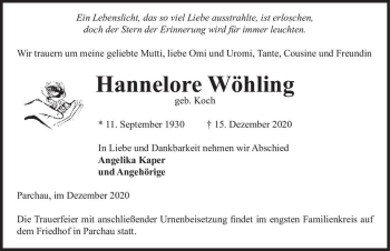 Traueranzeige von Hannelore Wöhling (geb. Koch)  von Magdeburger Volksstimme