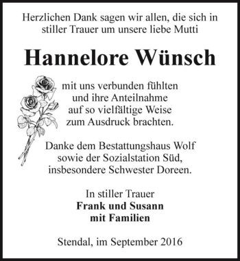 Traueranzeige von Hannelore Wünsch  von Magdeburger Volksstimme