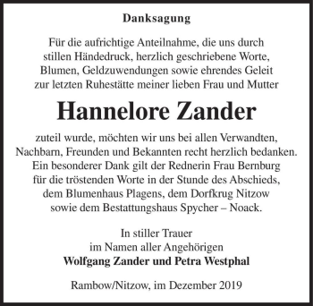 Traueranzeige von Hannelore Zander  von Magdeburger Volksstimme
