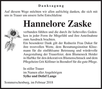 Traueranzeige von Hannelore Zaske  von Magdeburger Volksstimme